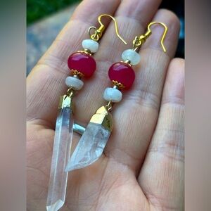 ARTISAN Hand Crafted Rainbow Moonstone Ruby & Crystal Quartz Earrings 925 Hooks